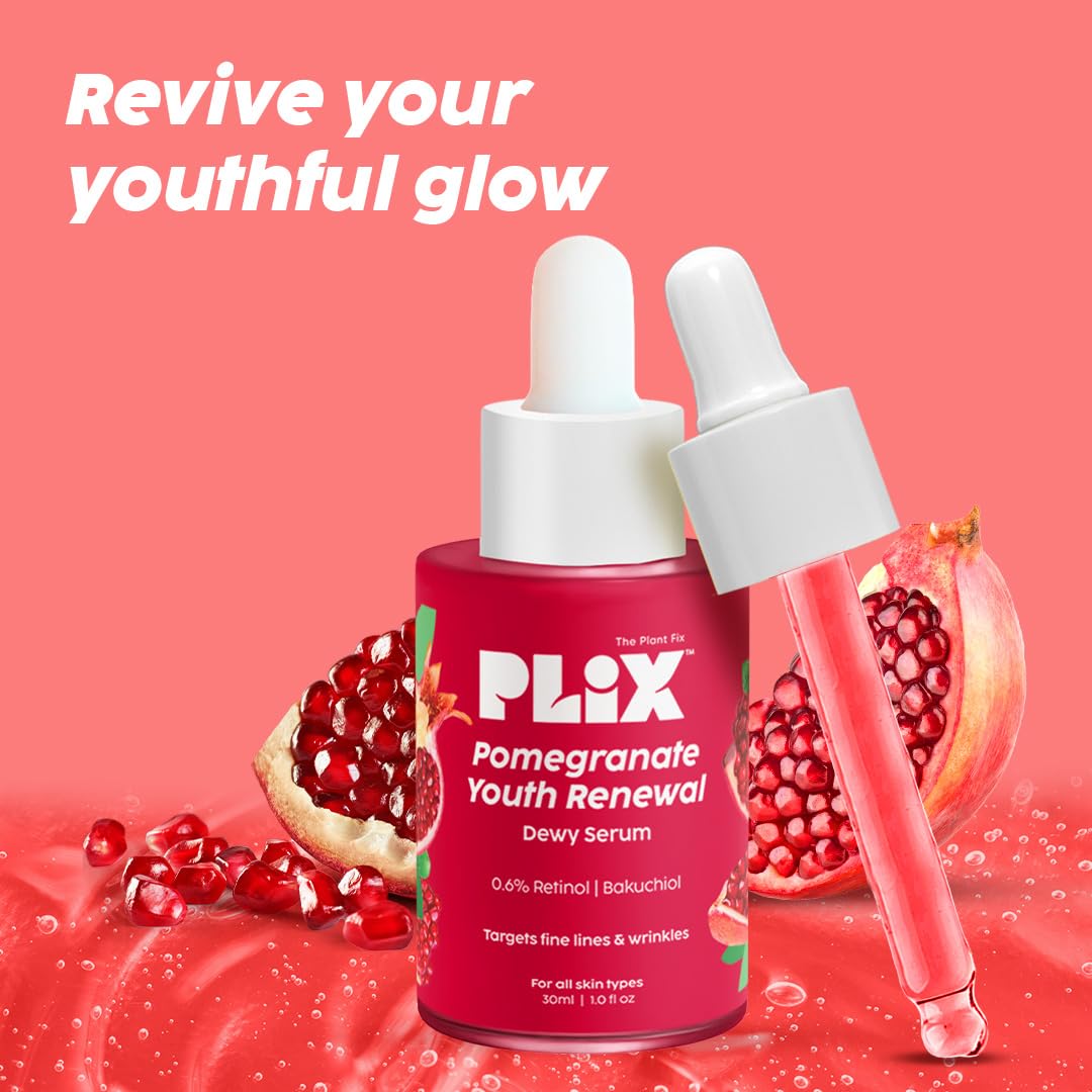 PLIX Pomegranate Youth Renewal 0.6% Retinol & 0.2% Bakuchi Oil Night Face Serum To Reduce Fine Lines (30ml)