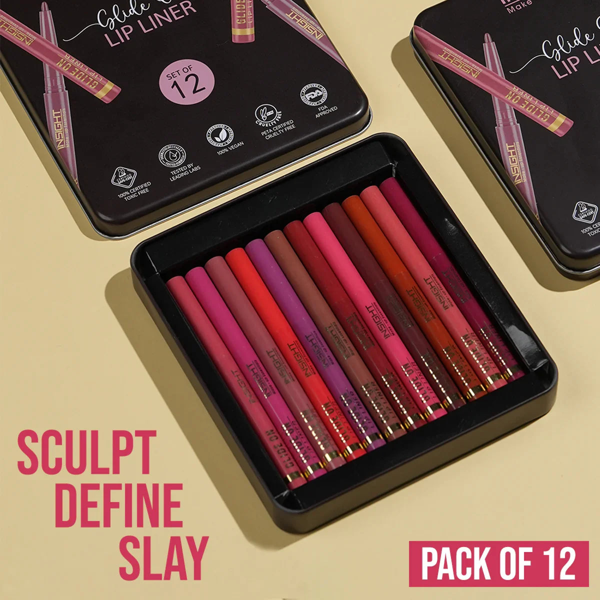 Insight Cosmetics Glide On Lip Liner, Intense Pigment, Long Wear Matte Lip Formula - Set Of 12 (3.6gm)