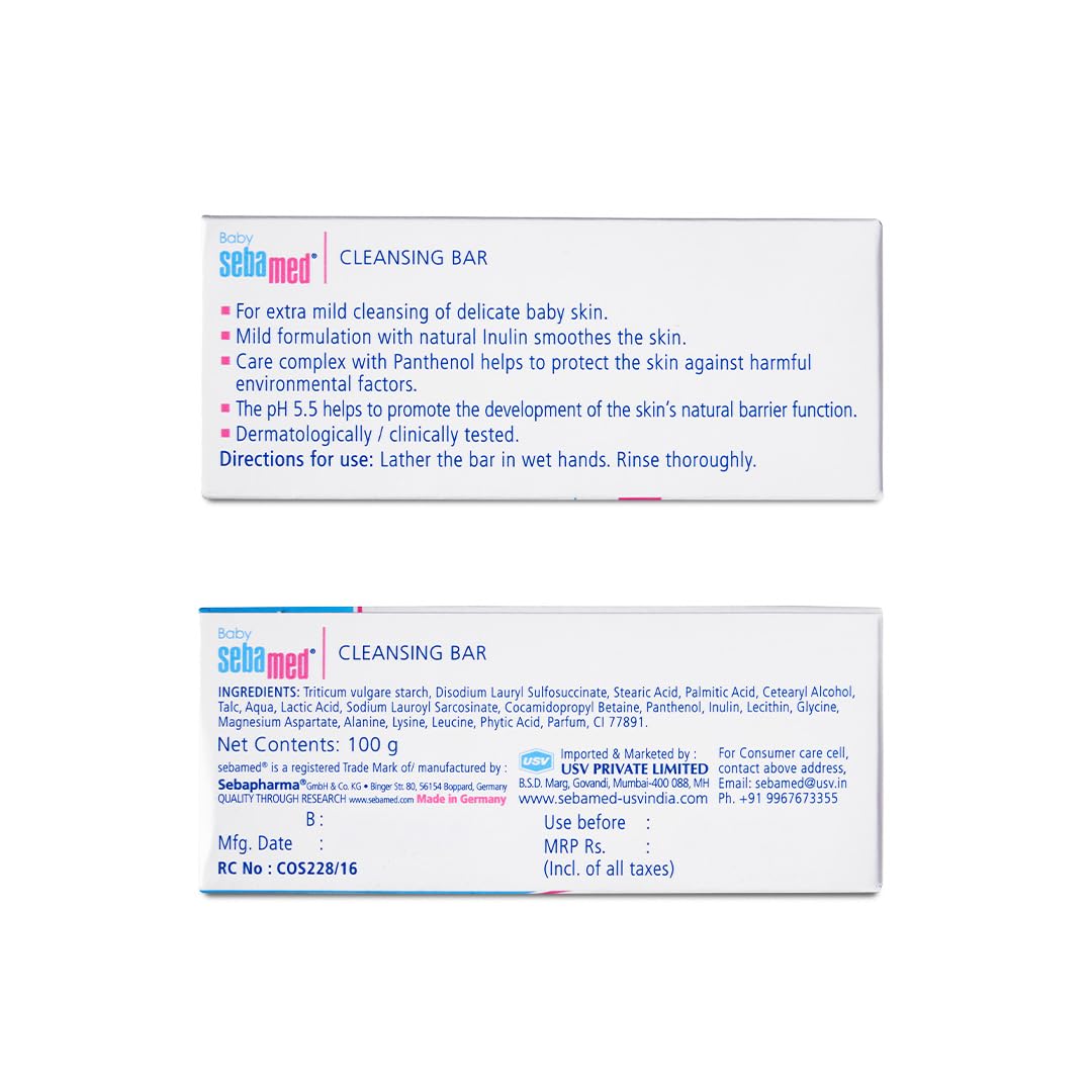 Sebamed Baby Cleansing Bar, pH 5.5 , Newborn Bathing, Soap Free, Tear Free (100gm)