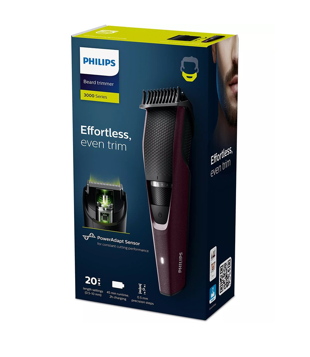 Philips BT3125/15 Beard Trimmer 3000 Series, 45 Min Trimmer for Men (Maroon)