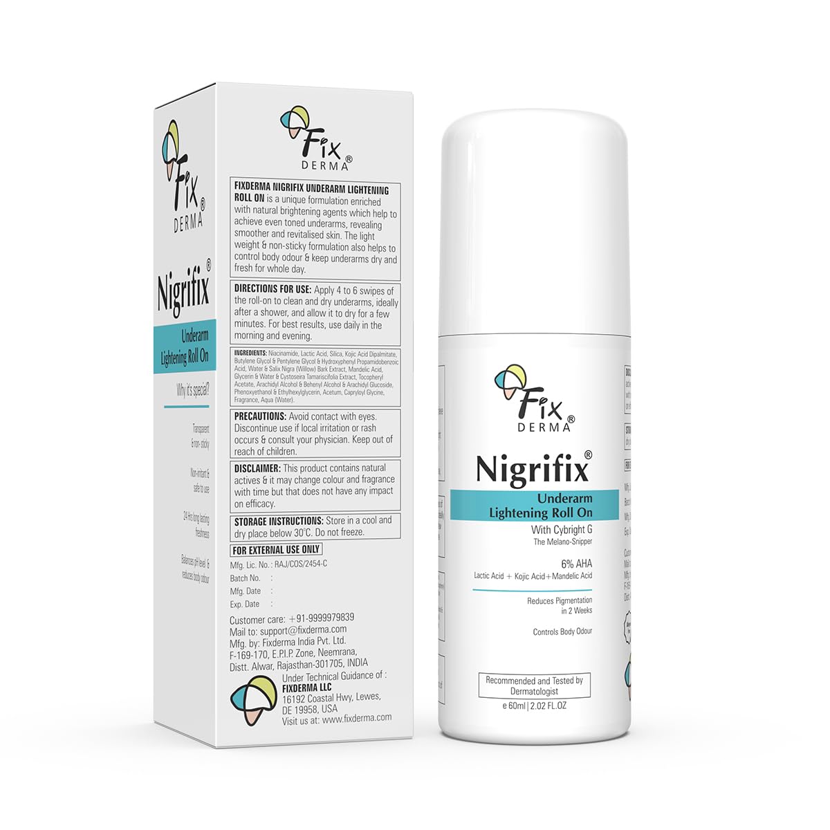 Fixderma Nigrifix 6% AHA Underarm Lightening Roll On | Lactic Acid & Kojic Acid, Reduces Pigmentation & Odour for Women & Men (60ml)