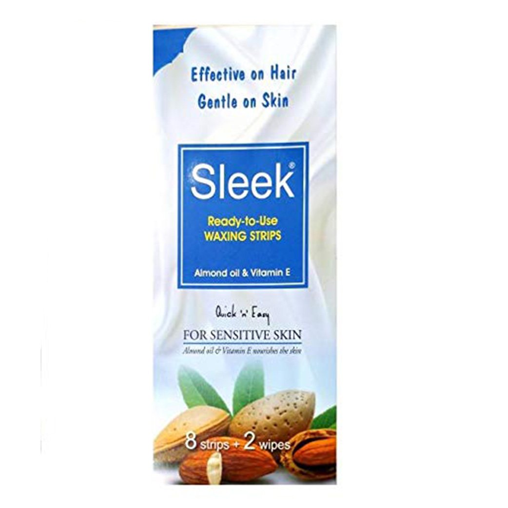Sleek Ready to Use Waxing Strips Almond Oil & Vitamin E For Sensitive Skin (8 Strips + 2 Wipes)