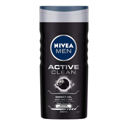 NIVEA Men Body Wash- Active Clean with Active Charcoal - Shower Gel for Body- Face & Hair 3-in-1 (250ml)