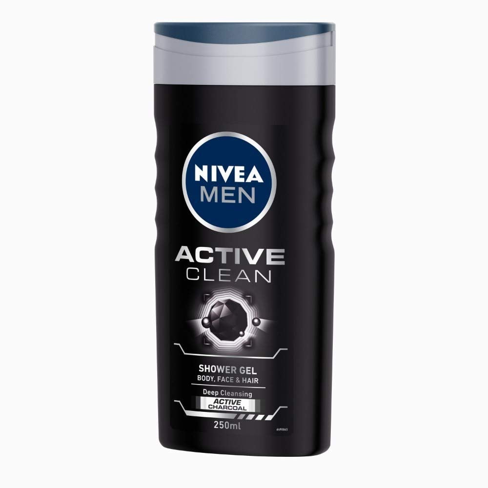 NIVEA Men Body Wash- Active Clean with Active Charcoal - Shower Gel for Body- Face & Hair 3-in-1 (250ml)