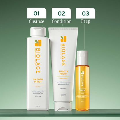 Biolage Smoothproof Anti-Frizz Shampoo 200ml & Conditioner 100ml Serum 100ml Combo with Camellia oil for 72HR Frizz Control (3Pcs)