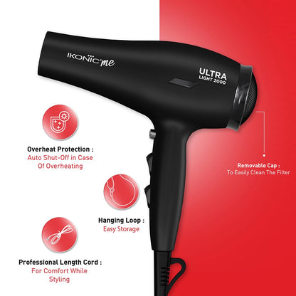 Ikonic Me Ultralight 2000 Hair Dryer - Black (850gm)