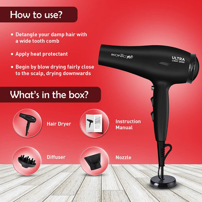 Ikonic Me Ultralight 2000 Hair Dryer - Black (850gm)