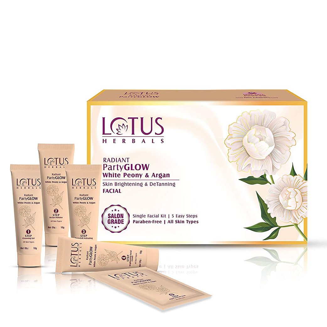 Lotus Herbals Radiant PartyGLOW White Peony & Argan Oil Skin Brightening & Detanning Facial Kit (228g)