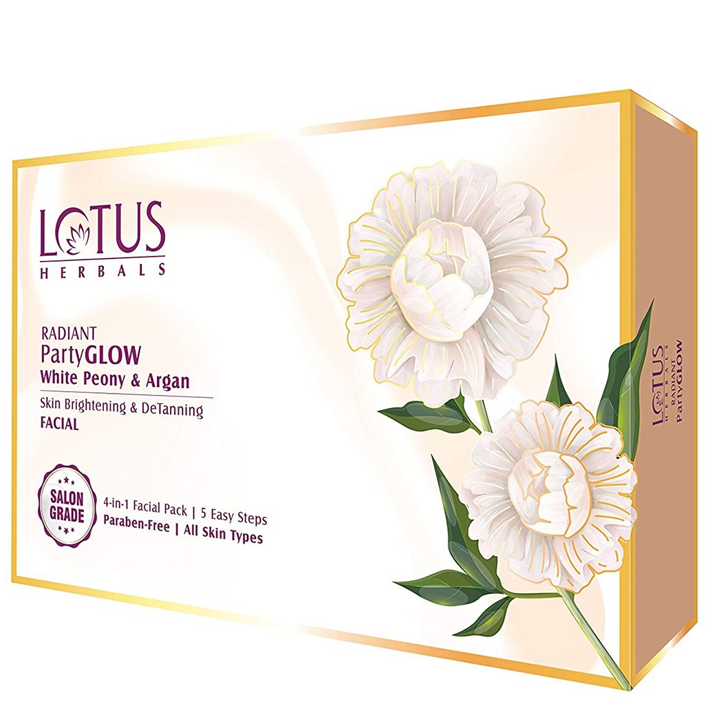 Lotus Herbals Radiant PartyGLOW White Peony & Argan Oil Skin Brightening & Detanning Facial Kit (228g)