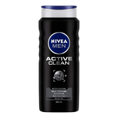 NIVEA Men Body Wash- Active Clean with Active Charcoal- Shower Gel for Body- Face & Hair 3-in-1 (500ml)