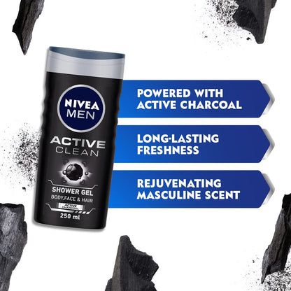 NIVEA Men Body Wash- Active Clean with Active Charcoal- Shower Gel for Body- Face & Hair 3-in-1 (500ml)