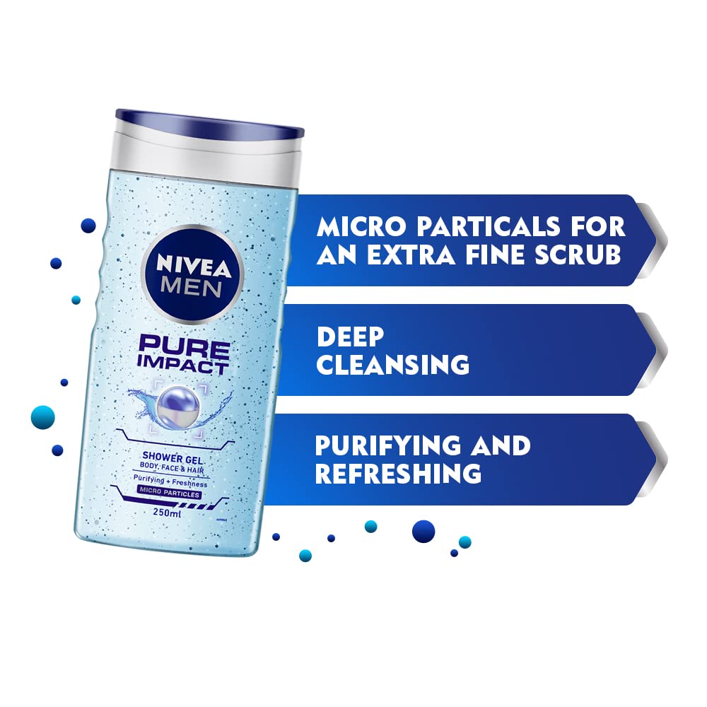 NIVEA Men Body Wash, Pure Impact with Purifying Micro Particles, Shower Gel for Body, Face & Hair (250ml)
