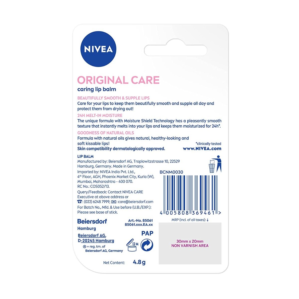 NIVEA Lip Balm, Original Care, for 24h Moisture with Shea Butter & Natural Oils (4.8gm)