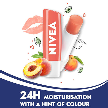 NIVEA Lip Balm, Peach Shine, 24h Moisture with Natural Oils, Coral Pink Shine & Peach Aroma (4.8gm)
