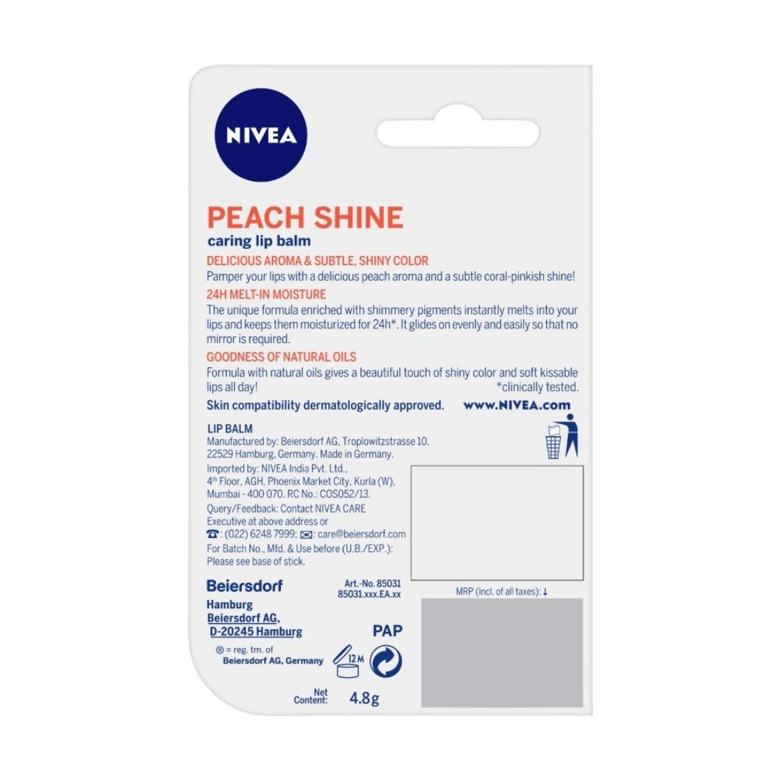 NIVEA Lip Balm, Peach Shine, 24h Moisture with Natural Oils, Coral Pink Shine & Peach Aroma (4.8gm)