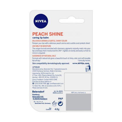 NIVEA Lip Balm, Peach Shine, 24h Moisture with Natural Oils, Coral Pink Shine & Peach Aroma (4.8gm)