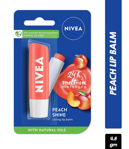 NIVEA Lip Balm, Peach Shine, 24h Moisture with Natural Oils, Coral Pink Shine & Peach Aroma (4.8gm)