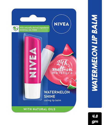 Nivea Lip Balm, Watermelon Shine, 24h Moisture with Natural Oils, Pink Shine & Watermelon Aroma (4.8gm)