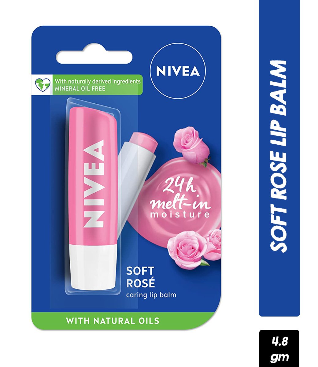 NIVEA Lip Balm, Soft Rose, for 24h Moisture with Natural Oils, Delicate Rose Shine (4.8gm)