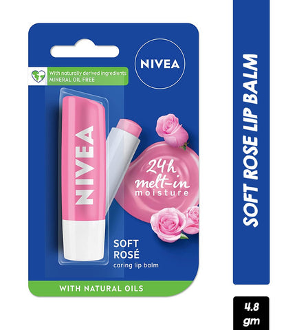 NIVEA Lip Balm, Soft Rose, for 24h Moisture with Natural Oils, Delicate Rose Shine (4.8gm)