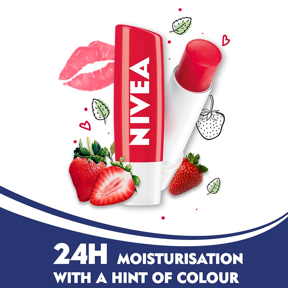 NIVEA Lip Balm, Strawberry Shine, 24h Moisture with Natural Oils, Reddish Shine & Strawberry Aroma (4.8gm)
