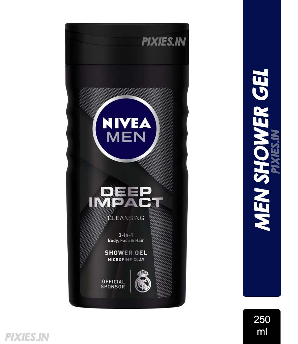 NIVEA MEN Body Wash, Deep Impact, 3 in 1 Shower Gel for Body, Face & Hair, with Microfine Clay (250ml)