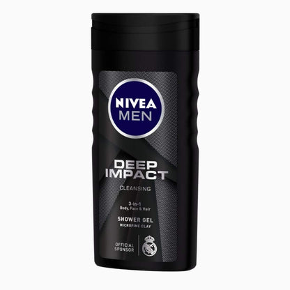 NIVEA MEN Body Wash, Deep Impact, 3 in 1 Shower Gel for Body, Face & Hair, with Microfine Clay (250ml)
