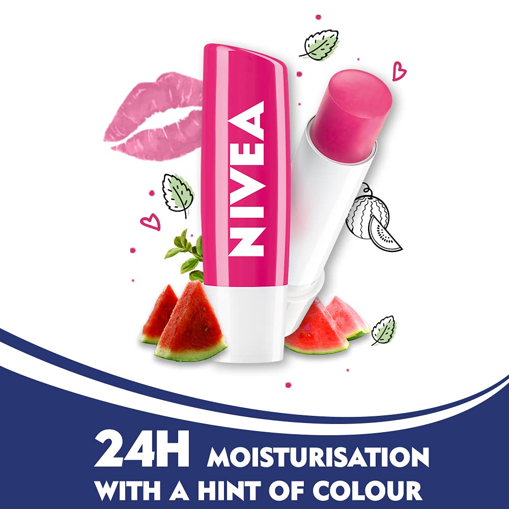 Nivea Lip Balm, Watermelon Shine, 24h Moisture with Natural Oils, Pink Shine & Watermelon Aroma (4.8gm)