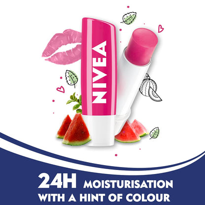 Nivea Lip Balm, Watermelon Shine, 24h Moisture with Natural Oils, Pink Shine & Watermelon Aroma (4.8gm)