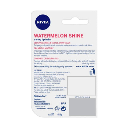 Nivea Lip Balm, Watermelon Shine, 24h Moisture with Natural Oils, Pink Shine & Watermelon Aroma (4.8gm)