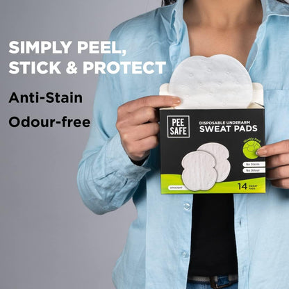 Pee Safe Disposable Underarm Sweat Pads (Straight) For Men & Women - Prevent Stains & Absorb Sweat (14pcs)