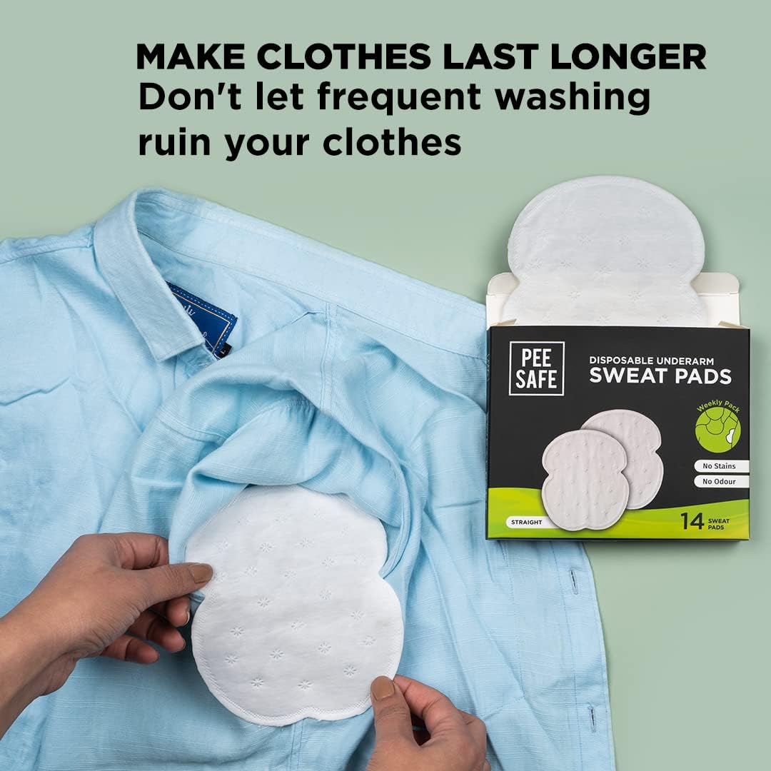 Pee Safe Disposable Underarm Sweat Pads (Straight) For Men & Women - Prevent Stains & Absorb Sweat (14pcs)
