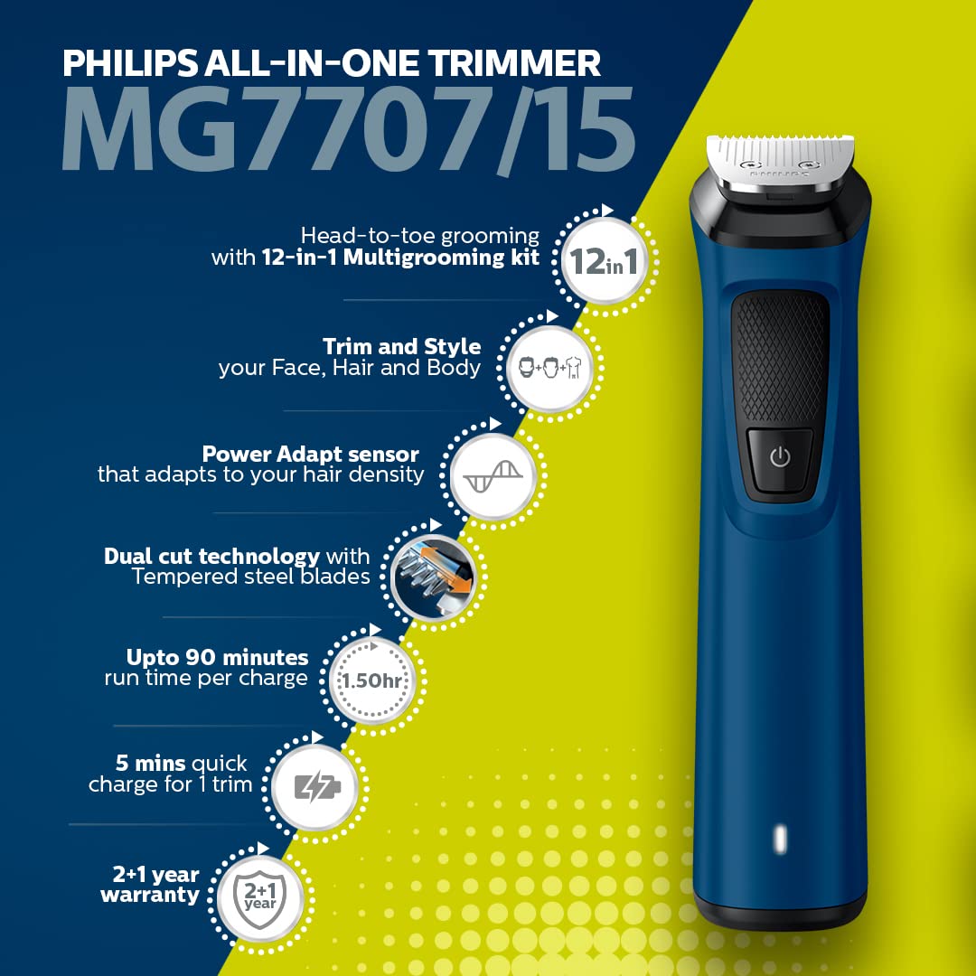 Philips Multi Grooming Kit MG7707/15 Self-Sharpening Steel Blades Cordless Trimmer (Power Adapt Sensor, Blue)