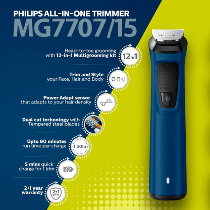 Philips Multi Grooming Kit MG7707/15 Self-Sharpening Steel Blades Cordless Trimmer (Power Adapt Sensor, Blue)