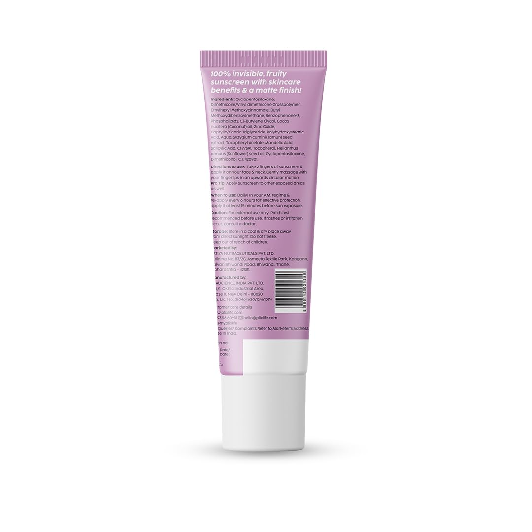 Plix 0.1% Salicylic Acid Jamun Mattifying Lightweight Sunscreen SPF50+ PA+++ UVA, UVB Shield (50gm)