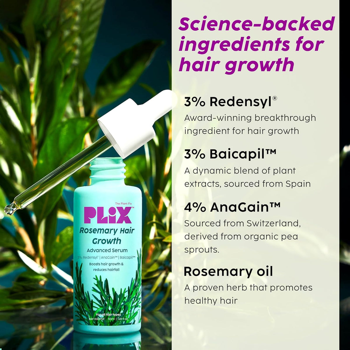 Plix Rosemary Anti Hairfall Regime 3% Redensyl Serum, Shampoo & Conditioner Combo (430ml)