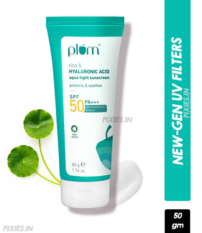 Plum Cica & Hyaluronic Aqua-Light SPF Sunscreen 50 PA+++ | Non-Oily, Non-Sticky, New UV Filters (50gm)