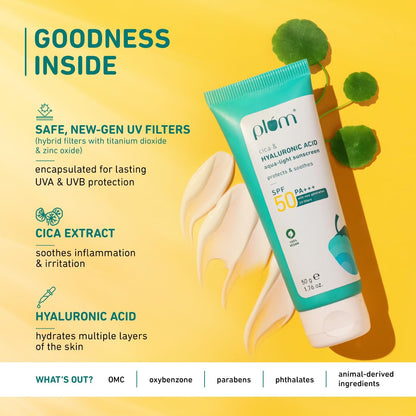 Plum Cica & Hyaluronic Aqua-Light SPF Sunscreen 50 PA+++ | Non-Oily, Non-Sticky, New UV Filters (50gm)