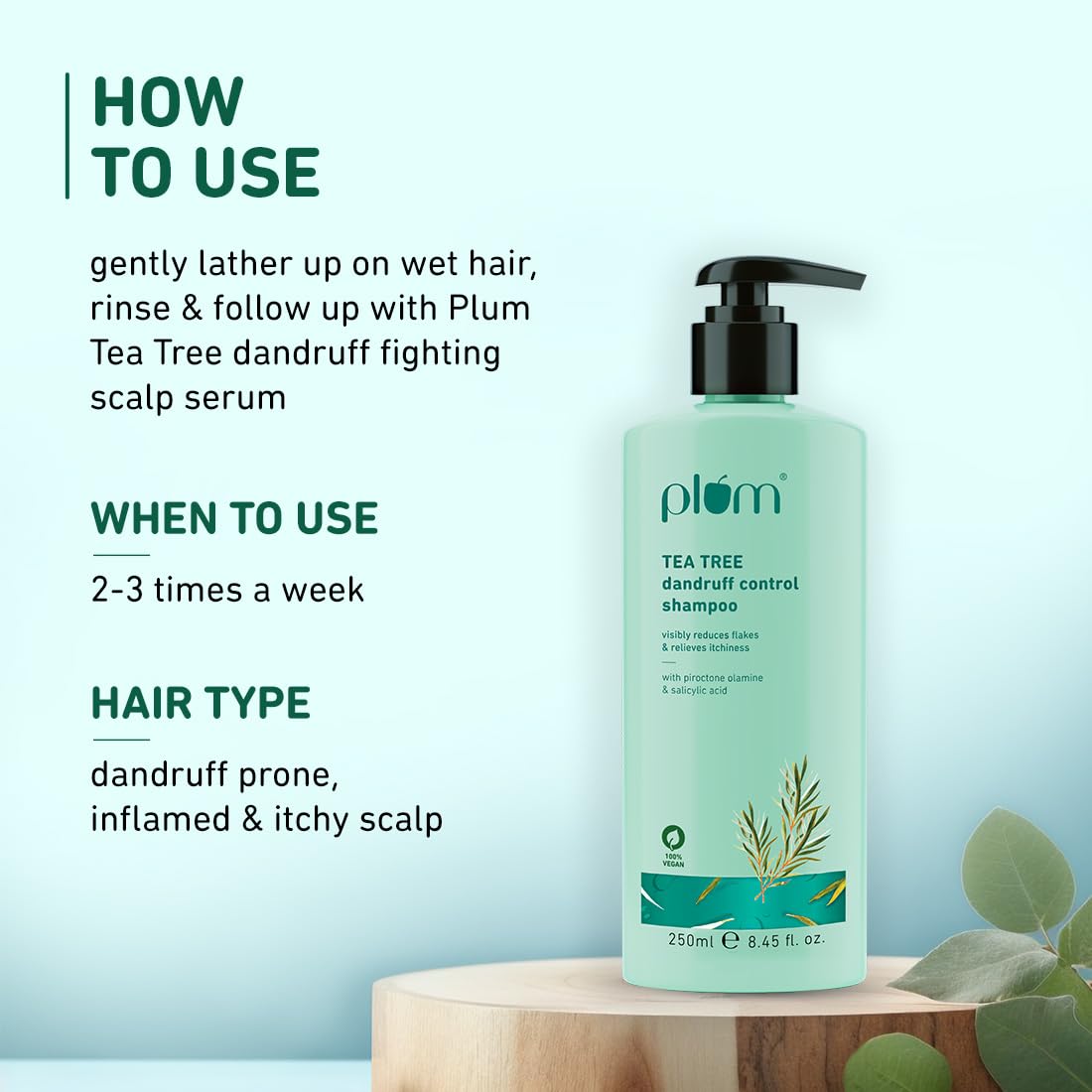 Plum Tea Tree Dandruff Control Shampoo, Paraben-Free with Piroctone Olamine (250ml)
