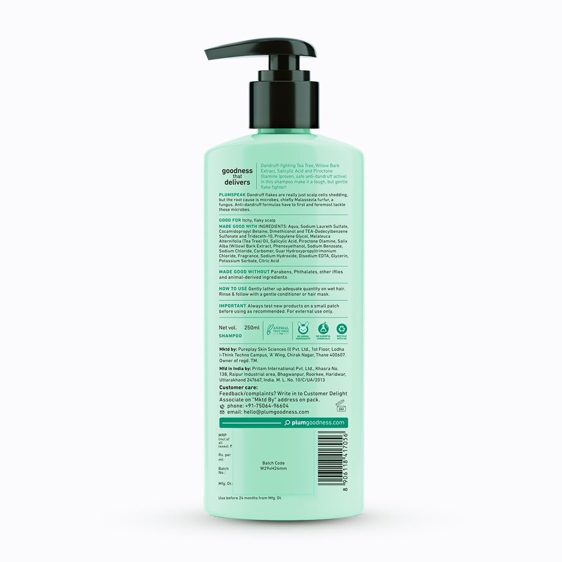Plum Tea Tree Dandruff Control Shampoo, Paraben-Free with Piroctone Olamine (250ml)