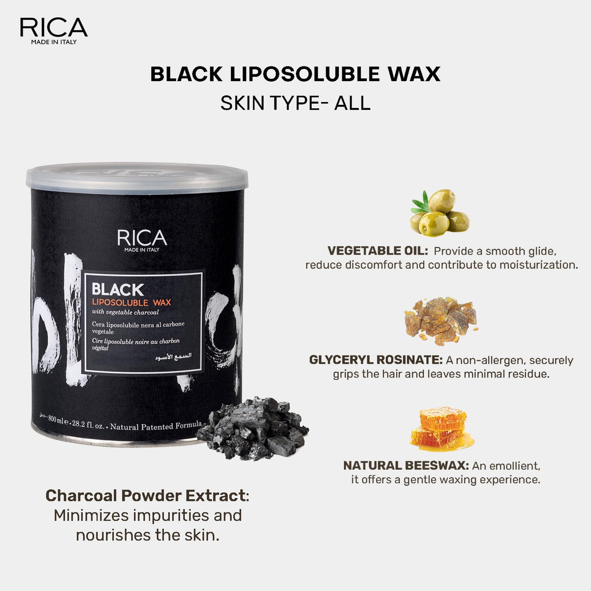 Rica Black Liposoluble Wax for All Skin Types – Contains Vegetable Charcoal and Biological Hemp Oil, Less Redness, Superior Tanning Removal, Moisturising Action on the Skin (800 ml)