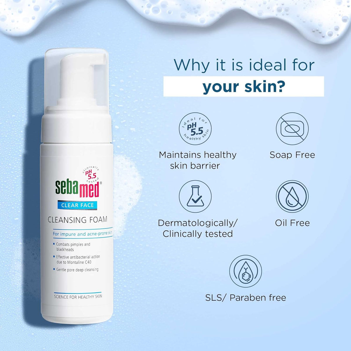 Sebamed Clear Face Foam, PH 5.5, Acne, Pimples & Blackheads, Montaline C40, Gentle Deep Cleanser (150ml)