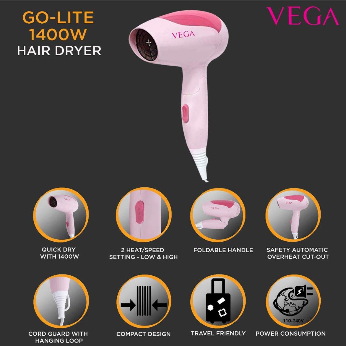 VEGA Go-Lite 1400Watts Hair Dryer VHDH-19