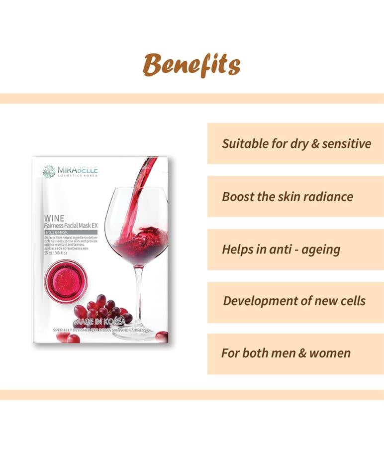 Mirabelle Cosmetics Wine Fairness Facial Sheet Mask EX (Pack of 5)